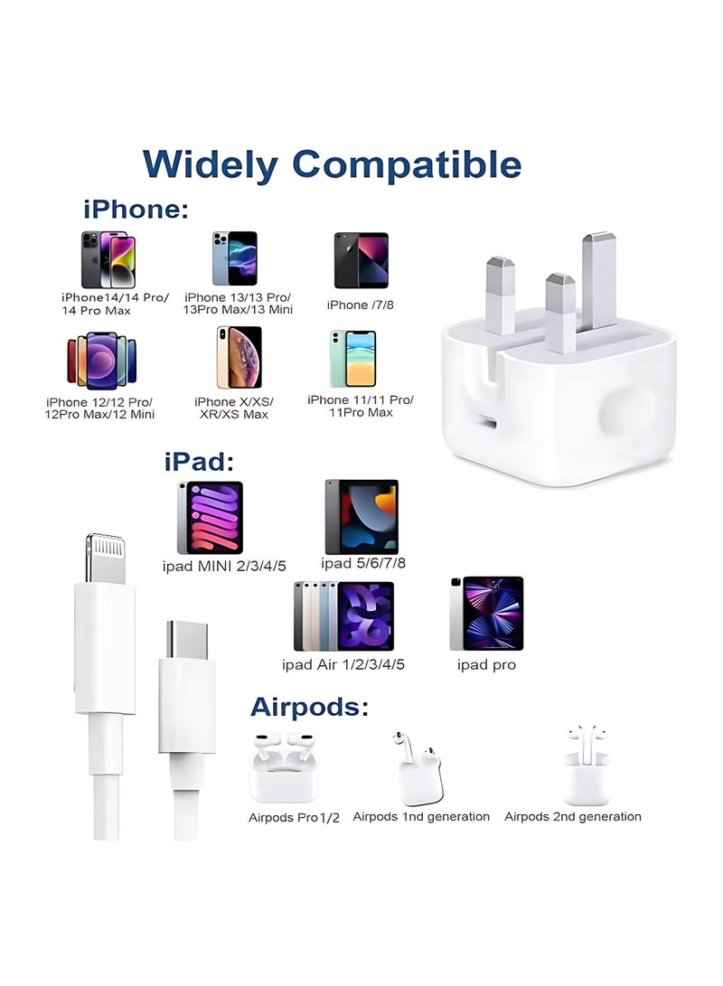 شاحن سريع 20 واط آيفون | محول شاحن سريع USB C مع كابل USB C إلى Lightning بطول 1 متر متوافق مع آيفون 14/14 برو/14 برو ماكس/13/12/SE2020/11/XR/XS ماكس/X/iPad - Image 2